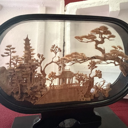 Vintage 3D Cork Frame new, 1970s-80s Chinese Hand-Carved Art