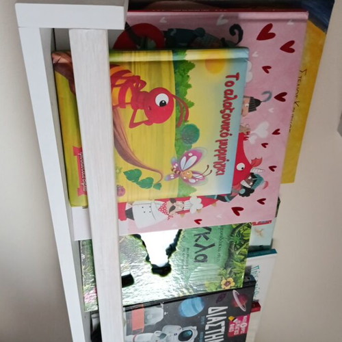 Montessori white shelf used, wooden, fits many storybooks
