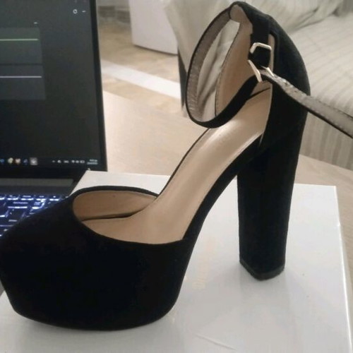 High heel pump new with strap, 12cm, black suede, size 37
