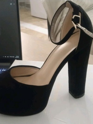 High heel pump new with strap, 12cm, black suede, size 37