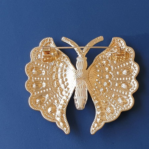 Vintage 70s large butterfly brooch, gold color with sparkling rhinestones