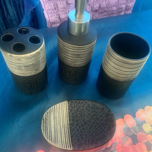Bathroom set used with soap dish, dispenser, toothbrush holder and cup