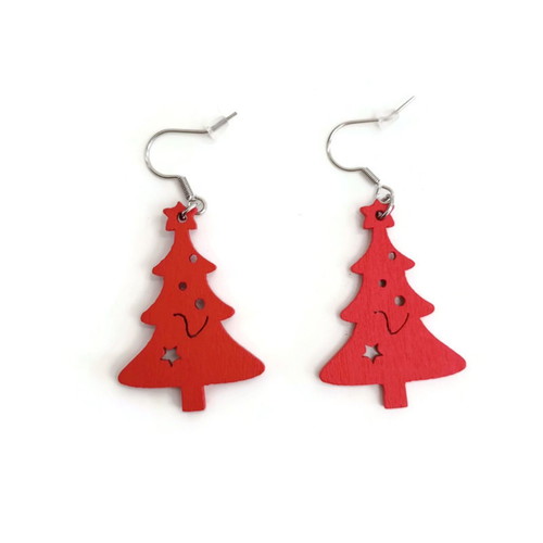 Wooden Christmas tree earrings new, red color