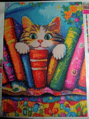 Diamond painting cat among books painting like new, handmade decoration