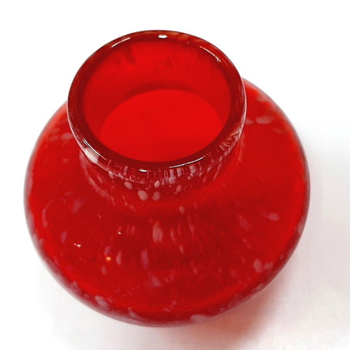 Ruby Red Glass Vase 1980s like new, white drops, 11 cm