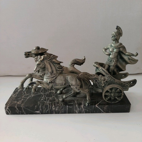 Italian decorative piece used, marble base, chariot scene with Roman soldier