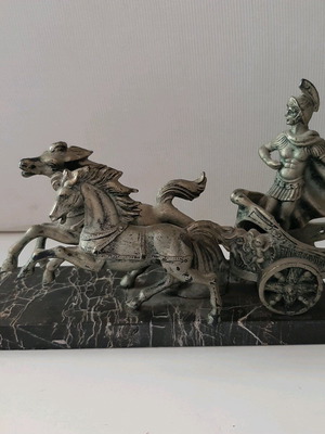 Italian decorative piece used, marble base, chariot scene with Roman soldier