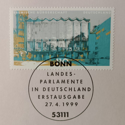 German 1999 stamp with Bonn first day cover, mint block of four