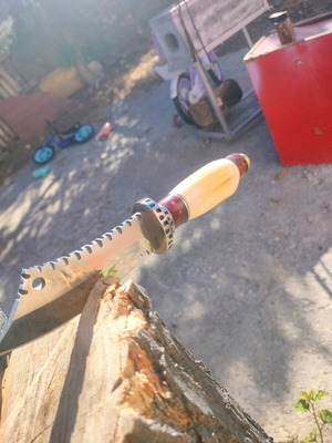 Handmade hunting cleaver style knife K720 steel with leather sheath and bone handle