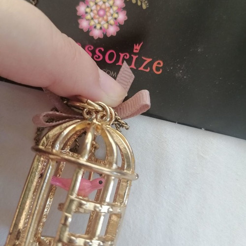 Accesorize bird cage pendant necklace used with pink ribbon