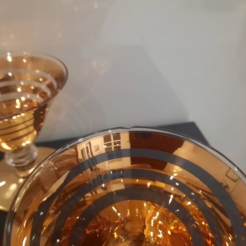 Vintage cocktail or sherbet glasses used, 1920-1950, gold stripes, ribbed stem