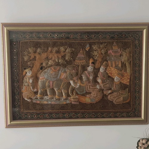 Burma embroidered textile painting from India used, 100x70 framed with glass