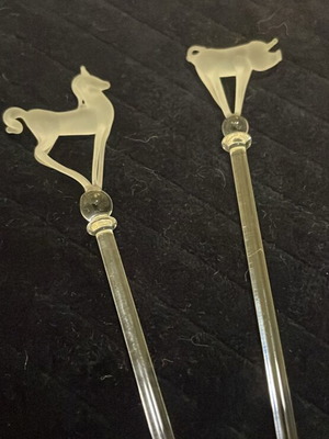 Crystal drink stirrers with animals, set of 4, new
