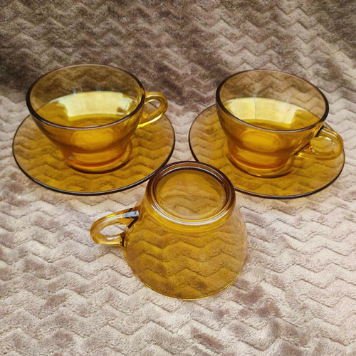 Bormioli VitroSax Italy cups and plates used, set of 5, vintage '70