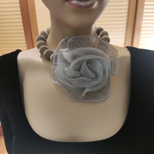 Handmade necklace new with large gray flower and velvet beads