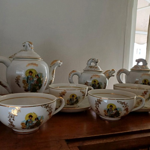Japanese eggshell porcelain tea set new with lithophane Geisha and gold details