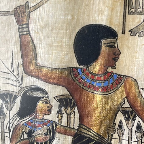 Handmade painting on Egyptian papyrus with frame used