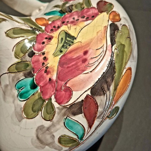 Vintage Italian Pottery Pitcher hand painted with floral relief