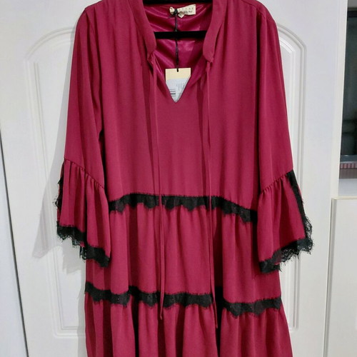 Lynne dress new burgundy with black lace, size L