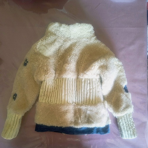 Children's mouton fur jacket new, leather and denim, ages 2 to 4, beige