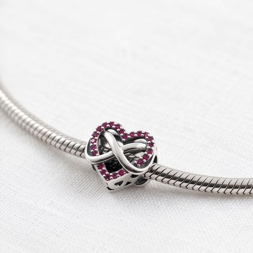 Pandora Infinity Family Red Heart Charm new, silver with red stones