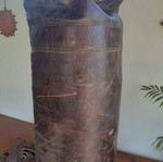 Antique leather boxing bag and gloves with Dublin college stamp