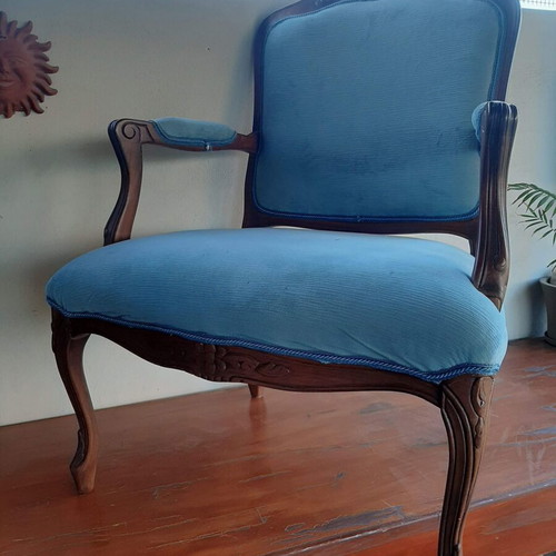 Vintage living room armchair, dark walnut wood, velvet upholstery