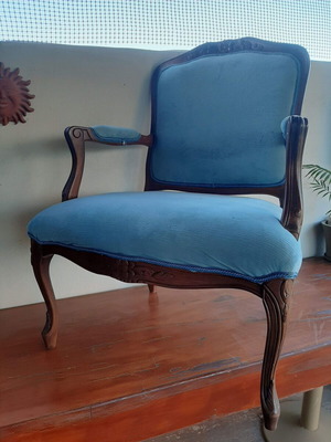 Vintage living room armchair, dark walnut wood, velvet upholstery