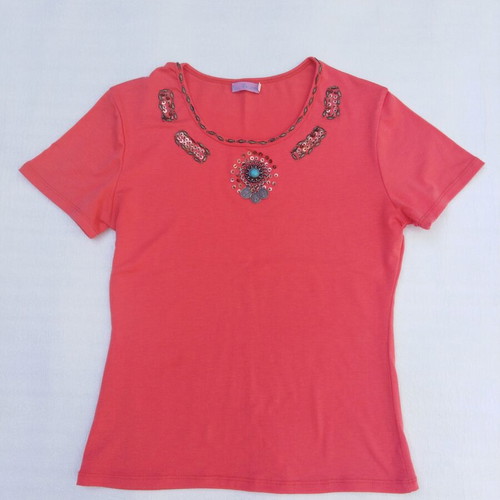 Vintage women's t-shirt with sequins and beads, new, red watermelon color, size L