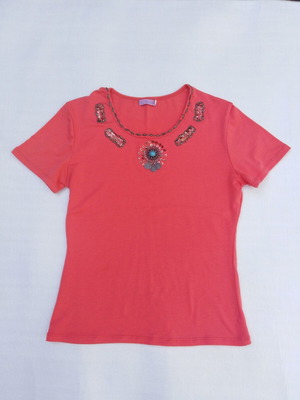 Vintage women's t-shirt with sequins and beads, new, red watermelon color, size L