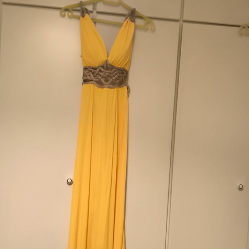 Maxi dress used yellow with open back and bust lining, size M