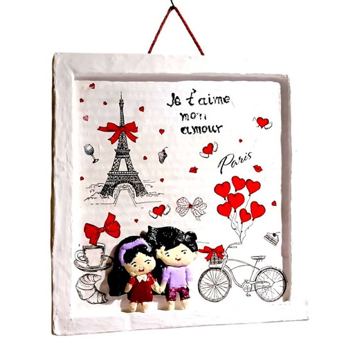 Handmade Saint Valentine frame with loving couple in Paris, new
