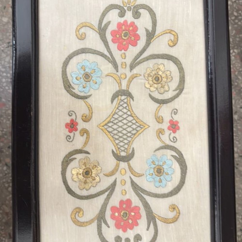 Wooden serving tray like new with brass handles and handmade Byzantine embroidery
