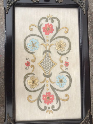Wooden serving tray like new with brass handles and handmade Byzantine embroidery