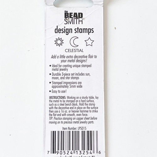 Beadsmith Celestial metal stamp set: sun, moon, star, 5 mm