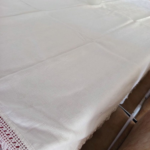 Handmade white tablecloth with thick crochet lace, like new