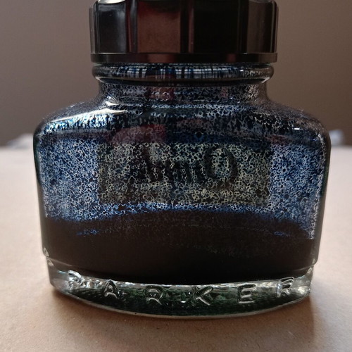 Glass ink bottle Parker Quink Solv-X used with case