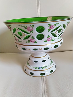 Μπωλ Moser Βοημίας vintage μεταχειρισμένο, ζωγραφισμένο στο χέρι, λευκό με πράσινο
