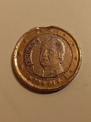 2 Euro Spain Coin 2001 Used With Rare Cutting And Printing Errors