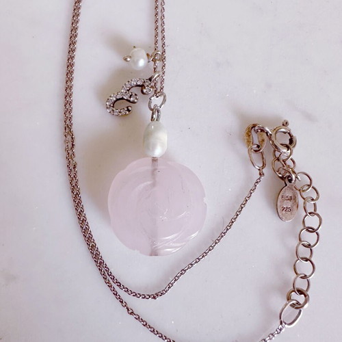 Gregio silver necklace used with rose quartz, pearls and zirconia charms