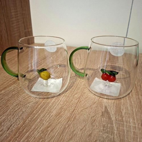 Set of 2 mugs with 3D cherry and lemon design, 400 ml
