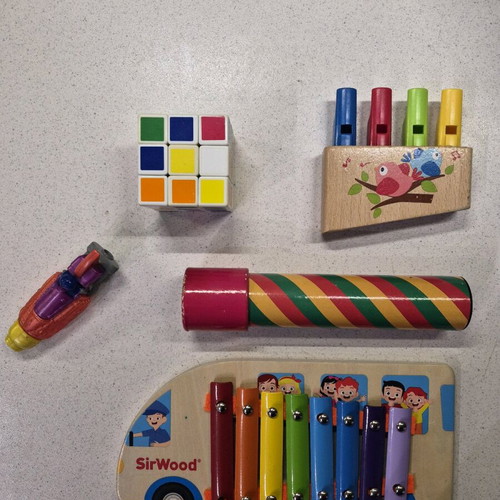 Children's toy set used with wooden SirWood xylophone and Rubik cube