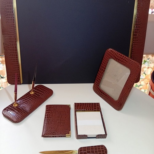 Luxury desk set in genuine leather, 6 pieces, croco print