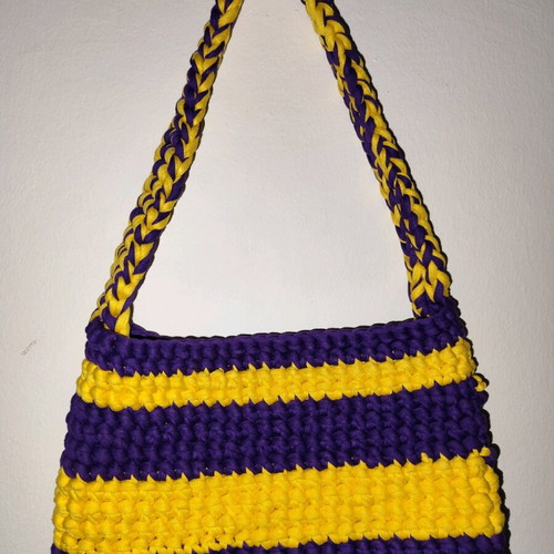 Crochet bag handmade shoulder bag from mako yarn yellow-purple new