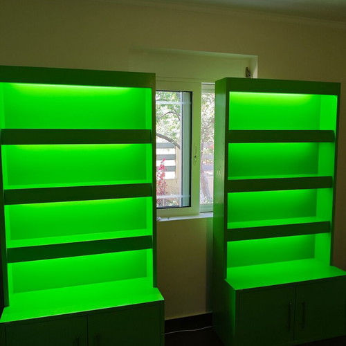 Set of 4 display shelves with lighting and storage, MDF wood