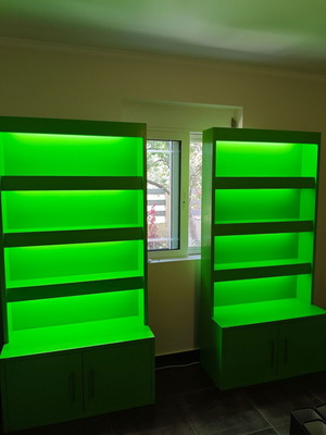 Set of 4 display shelves with lighting and storage, MDF wood