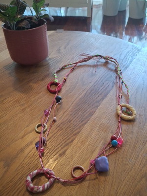 Necklace with beads, thread and fabric used, multicolored