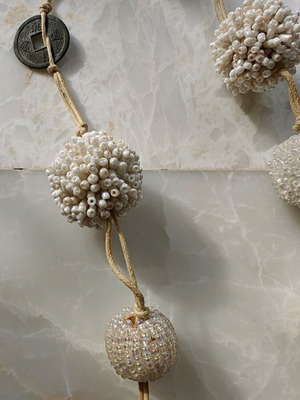 Long necklace with various elements used, multicolor
