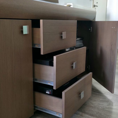 Modern solid oak dining set with 6 chairs and buffet with mirror