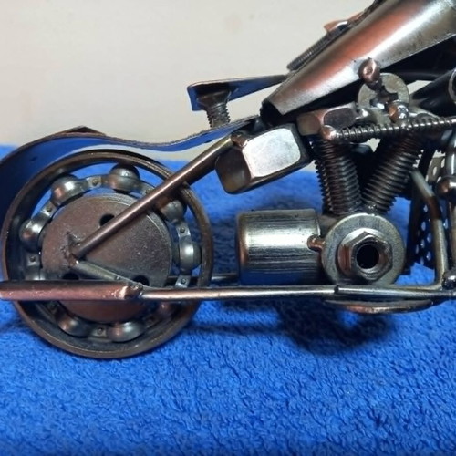 Handmade miniature metal motorcycle sculpture used, vintage chopper style